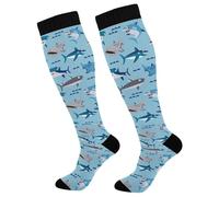 Ksajwzf Compression Socks for Men and Women Cartoon Sharks Knee High Socks Support Ocean Shark for Athletic Sport Running Hiking Fitness