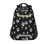 Ksajwzf Custom Name Students School Backpack White Puppy Paw Print Black with Chest Strap,Personalized Laptop Backpack, Customized Travel Hiking Backpack for Boys Girls