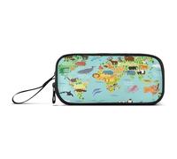 Ksajwzf Large Capacity Pencil Case Animal World Map 3 Compartment Pen Box Pouch Holder Organizer Stationery Bag for School Girl Boy Teen