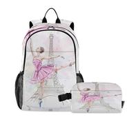 Ksajwzf Paris Eiffel Tower Ballerina Backpack for Kids Boys Girls, France Ballet Dancer Preschool Backpack with Lunch Box School Kindergarten Bookbag Set for Age 3-10