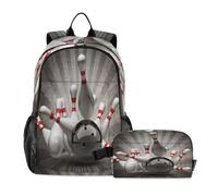 Ksajwzf Sport Bowling Ball Crashing Pins Backpack for Kids Boys Girls, Gray Preschool Backpack with Lunch Box School Kindergarten Bookbag Set for Age 3-10