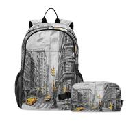 Ksajwzf Women Taxi New York Backpack for Kids Boys Girls, Oil Painting Preschool Backpack with Lunch Box School Kindergarten Bookbag Set for Age 3-10