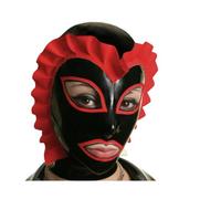KSDEQM Black Latex Hood Fetish Face Shield Open Eyes Mouth With White Lace Back Zip,Black+Red,L