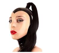 KSDEQM Latex Cover With Black Ponytail Wig Back Zipper Rubber Hood With Braids Party,Black+Transparent,XS