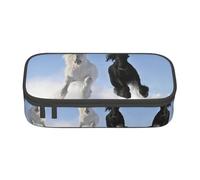 KSEFXXPKA Black and White Horses Running Print Pencil Case Spacious Oxford Cloth Storage with Multiple Compartments