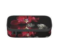 KSEFXXPKA Red Tulip Print Pencil Case Spacious Oxford Cloth Storage with Multiple Compartments
