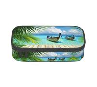 KSEFXXPKA Seaside Boat Coconut Leaves Print Pencil Case Spacious Oxford Cloth Storage with Multiple Compartments