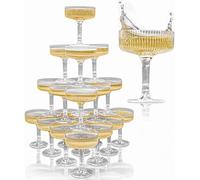 Ksestor Acrylic Champagne Tower - 7oz. Set of 21 Champagne Flutes Plastic - for Weddings & Parties - Plastic Coupe Glasses - Clear