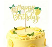 KSHGTB 1 Pack Lemon Cake Topper Glitter Happy Birthday Cake Pick for Fruit Theme Birthday Party Summer Fruit Lemon Cake Decorations Supplies