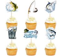 KSHGTB 36Pcs Gone Fishing Cake Topper Fish Cake Decoration Fishermen Bait Angling Boat Themed Happy Birthday Cake Decoration for Girl Boy Kids Children Birthday Party Supplies