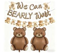 KSHGTB Bearly Wait Baby Shower & Birthday Party Decorations Set with Banner, Growth Chart & 2Pcs Brown Teddy Bear Foil Balloons for Gender Reveal, Teddy Bears Picnic, Anniversary - Boy Girl Theme