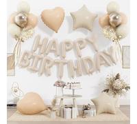 KSHGTB Cream Happy Birthday Balloon Banner, 29PCS 16 Inch 3D Aluminum Letter Banner Sign, Apricot Champagne Gold Ivory White Balloon 18 Inch Star Heart Foil Balloons for Kids, Women, Men Party Supply