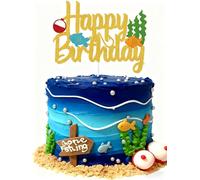 KSHGTB Fishing Cake Topper Bobber Fish Little Fisherman Theme Cake Decorations for Kids Baby Boy Girl Happy Birthday Party Supplies Double Sided Gold Sparkle Decor