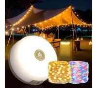 KSIBNW Camping String Lights Outdoor Portable Waterproof, Stowable LED Garden Lights with 8 Lighting Modes Indoor Fairy Lights 2 in 1 Rechargeable Tent String Lights, 10M/32.8Ft, Warm+Colorful