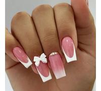 Ksikdeg 24Pcs Press On Nails Long Square False Nails with White French Tip Full Covers Stick on Nails Glossy 3D Bows