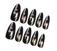 Ksikdeg 24Pcs Women's Gothic Black Long French Tip Press On Nails with Star Moon Designs Almond Shape Faux Nails Glues On