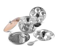 KSJONE 5 Pcs Stainless Steel Induction Friendly See Through lid Idli Cooker Multi Kadai for Indian Cooking with 3 idli Plates (15 Idlis), 1 Patra Plate and 1 Idli Spoon, Silver