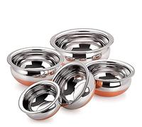 KSJONE Indian Serving Handi 5 Pcs. Set - Copper Bottom 500ml, 750ml, 900ml, 1400 ml, 1900 ml. Stainless Steel Cooking Pot Biryani Punjabi Kitchen Serving, Bowl (5-Pieces)
