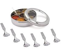 KSJONE See Through Spice Container Masala Dabba With 7 Compartments and 7 Spoons, Stainless Steel Spice Box Indian with Transparent Lid, 20cm