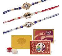 KSJONE Set of 3 Rakhi For Brother with Gift Set, Rakhi For Brother with Card, Roli Chawal | Rakhi for Brother and Bhabhi | Rakhi Hamper For Brother | Bhaiya Bhabhi Rakhi | Rakhi for Siblings