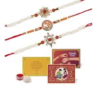 KSJONE Set of 3 Rakhi for Brother with Gift Set, Roli Chawal, Evil Eye Bracelet, Card | Rakhi for Brother and Bhabhi | Rakhi Hamper for Brother | Kids Rakhi | Raksha Bandhan Festival