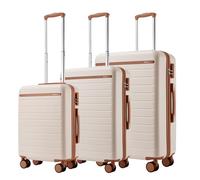 KSK2584 - Scratch-Resistant 3-Piece Hard Shell Luggage Set with Horizontal Stripe Design, Brown Accents & Spinner Wheels - Cabin - Cream and Brown