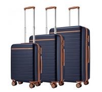 KSK2584 - Scratch-Resistant 3-Piece Hard Shell Luggage Set with Horizontal Stripe Design, Brown Accents & Spinner Wheels - Cabin - Navy and Brown