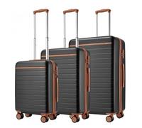 KSK2584 - Scratch-Resistant 3-Piece Hard Shell Luggage Set with Horizontal Stripe Design, Brown Accents & Spinner Wheels - Cabin - Grey and Brown