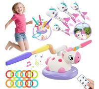 Kslavagcnt Unicorn 3 in 1 Kids Active Play Center, Stomp Rocket Launcher (15ft High), Musical Jumping & Ring Toss Games, Outdoor Toy with Carry Box & Remote for Ages 3+