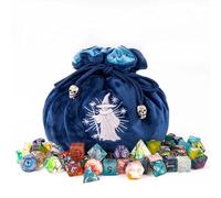 KSNDie Large DND Dice Bag with Pockets Navy Blue Storage Bag with Drawstrings Wizard Pattern for D&D RPG Games (with 1lb Random Polyhedral Dice)