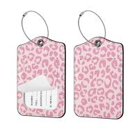 Ksriylm 2 Pack Personalised Leopard Luggage Tags for Suitcases, Easy to Identify PU Leather Suitcase Tags for Travel Essentials,Secure Luggage Labels with Hidden Name ID Card,Pink