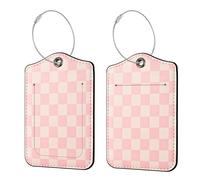 Ksriylm 2 Pack PU Leather Luggage Tags for Suitcases,Secure Travel Suitcase Tags with Privacy Flap and Metal Lanyard,Noticeable Waterproof Luggage Labels for Cruise Baggage Handbag,Pink Checked