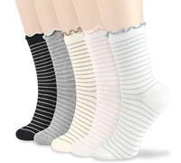 Ksriylm 5 Pairs Womens/Ladies Cute Wear-Resistant Cotton Blend Socks Stripe Pattern Ruffle Crew Socks Breathable Wicking Frilly Ankle Socks for Women Size 4-7