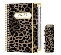 Ksriylm Leopard A5 Diary 2026-2027 Week to View,Classic Weekly Monthly Planner from Jul.26-Jun.27,Twin-wrie Binding Hardcover Academic Diary with Monthly Tab,Back Pocket,Elastic Closure,Dark Brown