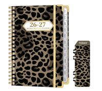 Ksriylm Leopard A5 Diary 2026 Week to View,Personalized Weekly Monthly Planner from Jul.26-Jun.27,Twin-wrie Binding Hardcover Academic Diary with Monthly Tab,Back Pocket,Elastic Closure,Dark Brown