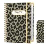 Ksriylm Leopard A5 Diary 2026 Week to View,Personalized Weekly Monthly Planner from Jul.26-Jun.27,Twin-wrie Binding Hardcover Academic Diary with Monthly Tab,Back Pocket,Elastic Closure,Light Brown