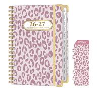 Ksriylm Leopard Print A5 Diary 2026 Week to View,Personalized Weekly Monthly Planner from Jul.26 - Jun.27, Twin-wrie Binding Hardcover Academic Diary with Monthly Tab,Back Pocket,Elastic Closure,Pink