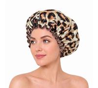 Ksriylm Leopard Waterproof Reusable Shower Caps for Women, Double Layer Satin Lined Shower Hat with Elastic Band & Ruffled Edge, Hair Cap Fits Most Hair Types for Bath, Spa & Travel, White Brown