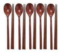 Ksrnsne 5 Pairs Chopsticks and 5 Spoons Set Reusable Wooden Korean Dinnerware Combinations Long Handle Tableware Set for Home, Kitchen, Restaurant
