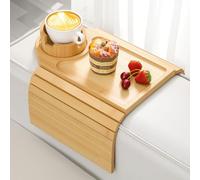 Kssiaz Couch Arm Tray, Bamboo Sofa Table for Couch, Sofa Arm Tray with Cup Holder, Non-Slip Armrest Organizer for Drink, Cup, Snack, Control, Easy to Clean, Natural
