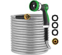 KSSKEN Metal Garden Hose - 100ft, Stainless Steel & Copper Fittings, 10 Function Nozzle, Non-Rusting & Non-Tangling, Flexible Water Hose for Yard & Outdoor