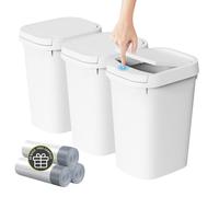 KSSKSS 3 Pack Bathroom Small Trash Can with Lid, 2.6 Gallon Slim Garbage Bin with Pop-Up Lid, 10L Plastic Wastebasket with Press Top Lid for Bedroom, Office, Kitchen, Toilet (White)