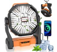 Kssvzz Portable Camping Fan with LED Light-20000mAh Rechargeable Battery Powered Fan, 270°Pivot USB Desk Table Quiet Fans with 4 Speed, 9’’ Battery Operated Tent Fans for Travel, Picnic (Orange)