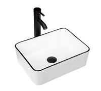 KSWIN Ceramic Rectangular Bathroom Vessel Sink, White Body with Black Trim on The Top, Above Counter Vanity Sink Include Faucet Combo, 16'' x 12''