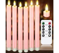 KSWING Upgraded Real Wax LED Flameless Pink Taper Candles with Remote, 6 PCS Candlesticks Battery Operated 3D Flickering - 9.6" Long Realistic Fake Candle Sticks for Home/Wedding/Fireplace Xmas Decor