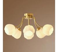ksxnkhk 6-Light Glass Sputnik Chandelier Globe Semi Flush Mount Ceiling Lights Mid Century Modern Light Fixtures Milk White Flower Shade Gold Brass Chandeliers for Living Room