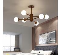 ksxnkhk 8 Light Mid Century Modern Ceiling Chandelier Sputnik Milk Glass Ceiling Light Farmhouse Rustic Semi Flush Chandelier Wood Ceiling Light for Bedroom Dining Room Living Room Kitchen