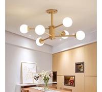 ksxnkhk 8 Light Mid Century Modern Ceiling Chandelier Sputnik Milk Glass Ceiling Light Farmhouse Rustic Semi Flush Chandelier Wood Ceiling Light for Bedroom Dining Room Living Room Kitchen