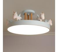 ksxnkhk Cartoon Unicorn Ceiling Girls Room ing Fixtures, Round LED Chandelier 3 Color Dimmable, Flush Mount Kids Lamp for Baby Bedroom,Study Room(Metal Rod, Blue) (Blue Wood Rod)