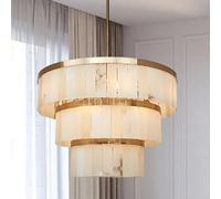 ksxnkhk Elegant 34.5" Brass Alabaster Chandelier - 3-Tier Handmade Ceiling Light Fixture for Dining Room, Living Room, Bedroom, Kitchen Island - Luxurious Round Pendant Lighting
